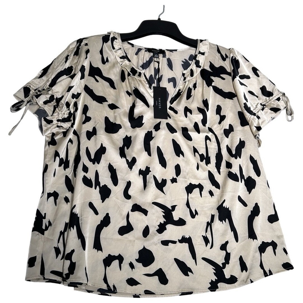 NEW Haver London sz 2X Blouse Silky black Tan print Puffy Tie Short Sleeves